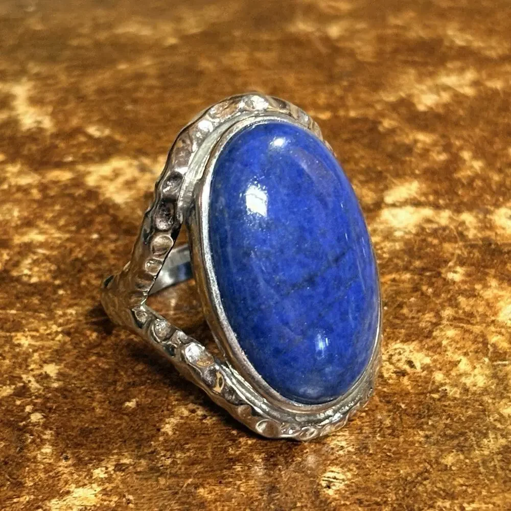 Stainless Steel & Blue Cabochon Stone Ring Size 9